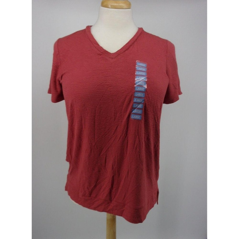 Adrianna Papell Womens Short Sleeve Shirt Top Red Sand Large NWT $49